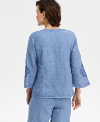 Women's Embroidered 100% Linen Split-Neck Tunic, Macy's Exclusive