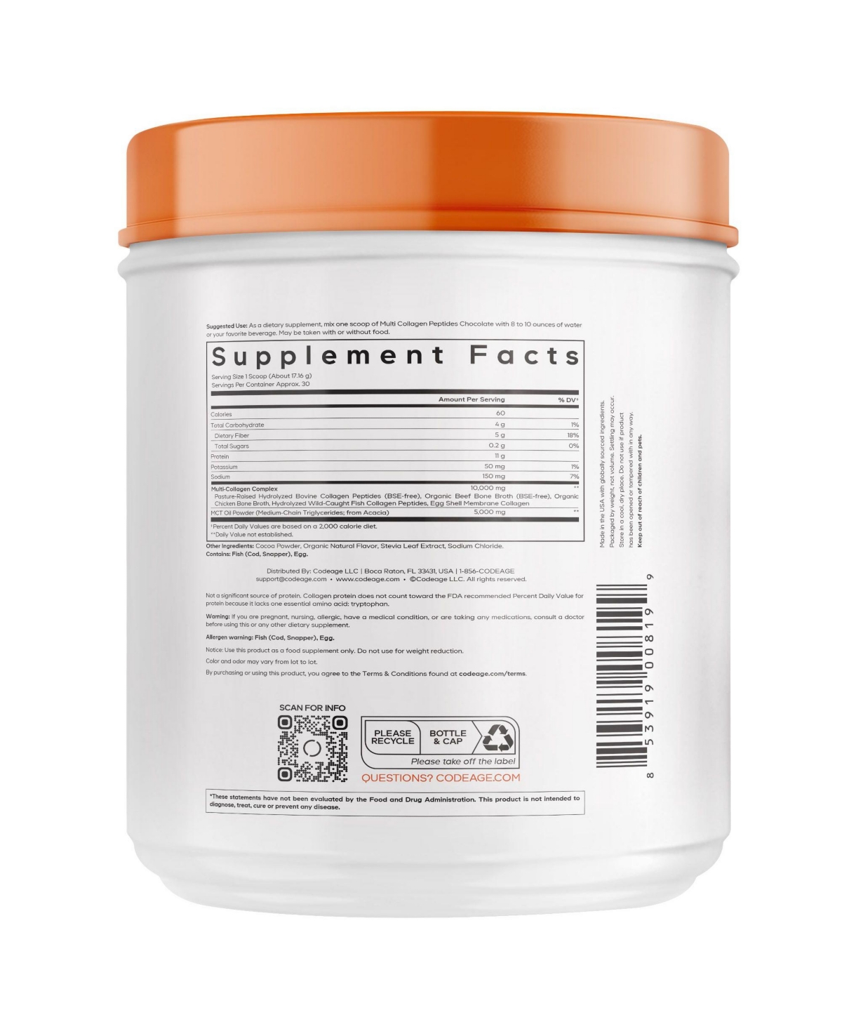 Codeage Multi Collagen Chocolate Protein Powder - Hydrolyzed Bovine Collagen Peptides, 5 Collagen Types & Mct Oil