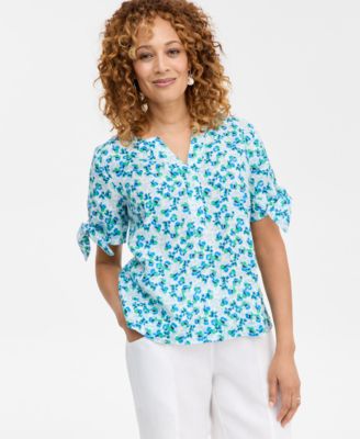 Charter Club - Women's Linen Poppy Floral Tie-Cuff Split-Neck Top
