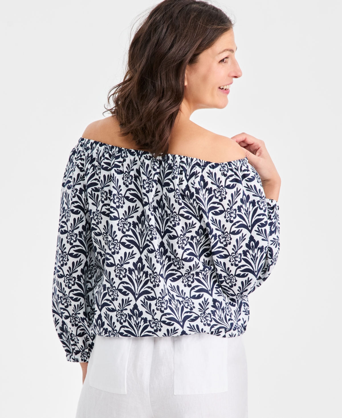 Charter Club Women's 100% Linen Tile On-Off-Shoulder 3/4-Sleeve Top, Macy's Exclusive