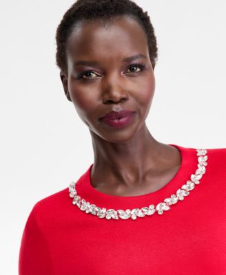 Women's Short-Sleeve Embellished-Neck Sweater, Macy's Exclusive