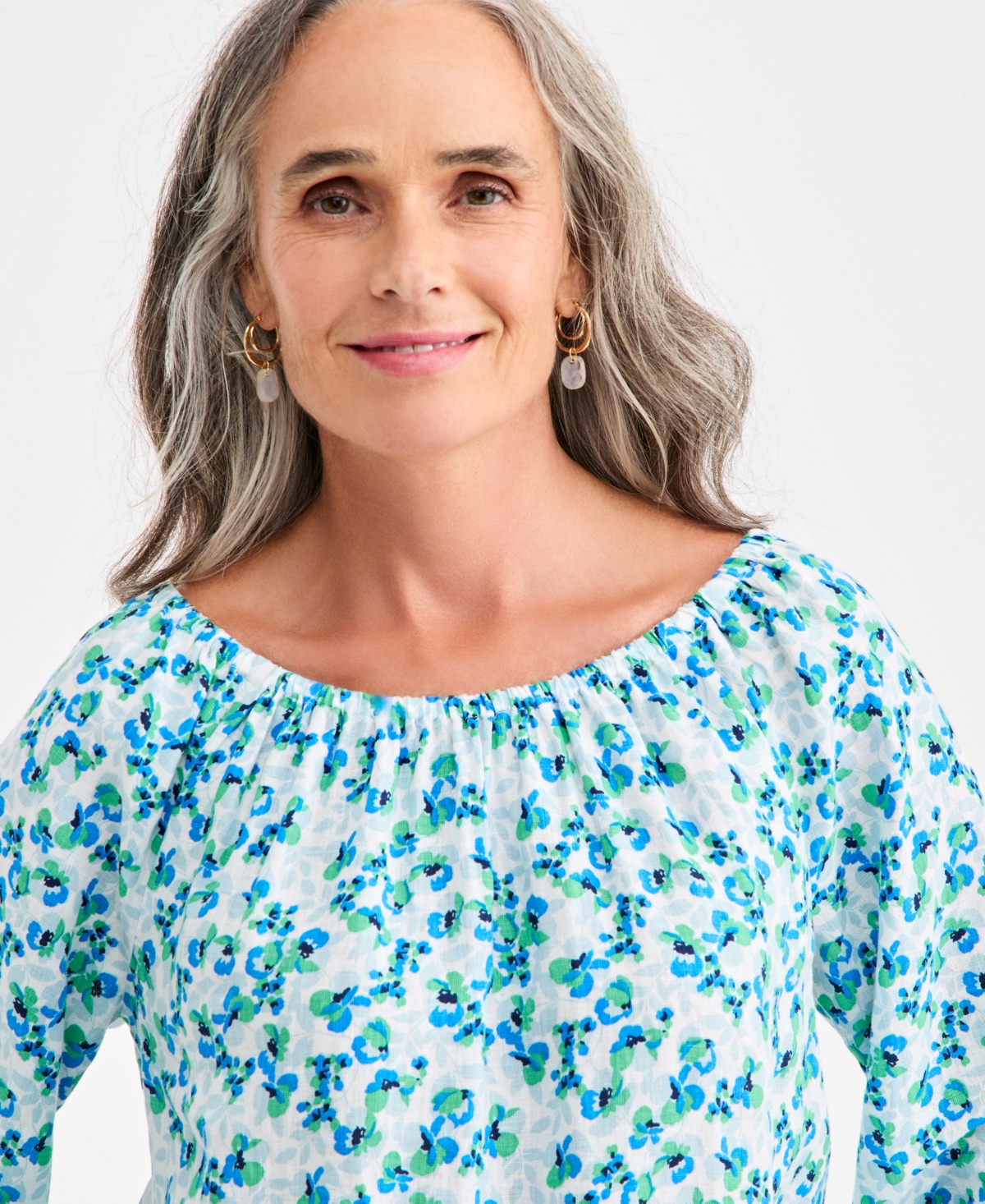 Charter Club Women's 100% Linen Tile On-Off-Shoulder 3/4-Sleeve Top, Macy's Exclusive