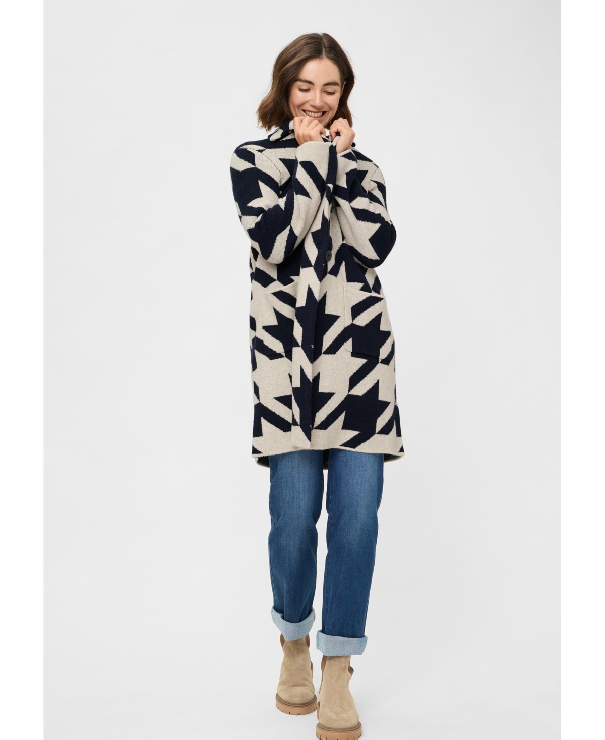 Olsen Longline Houndstooth Statement Cardigan