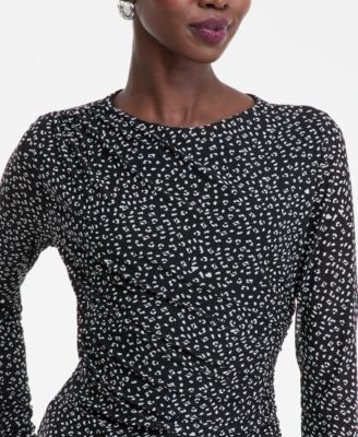 Women's Printed Long-Sleeve Draped Mesh Top