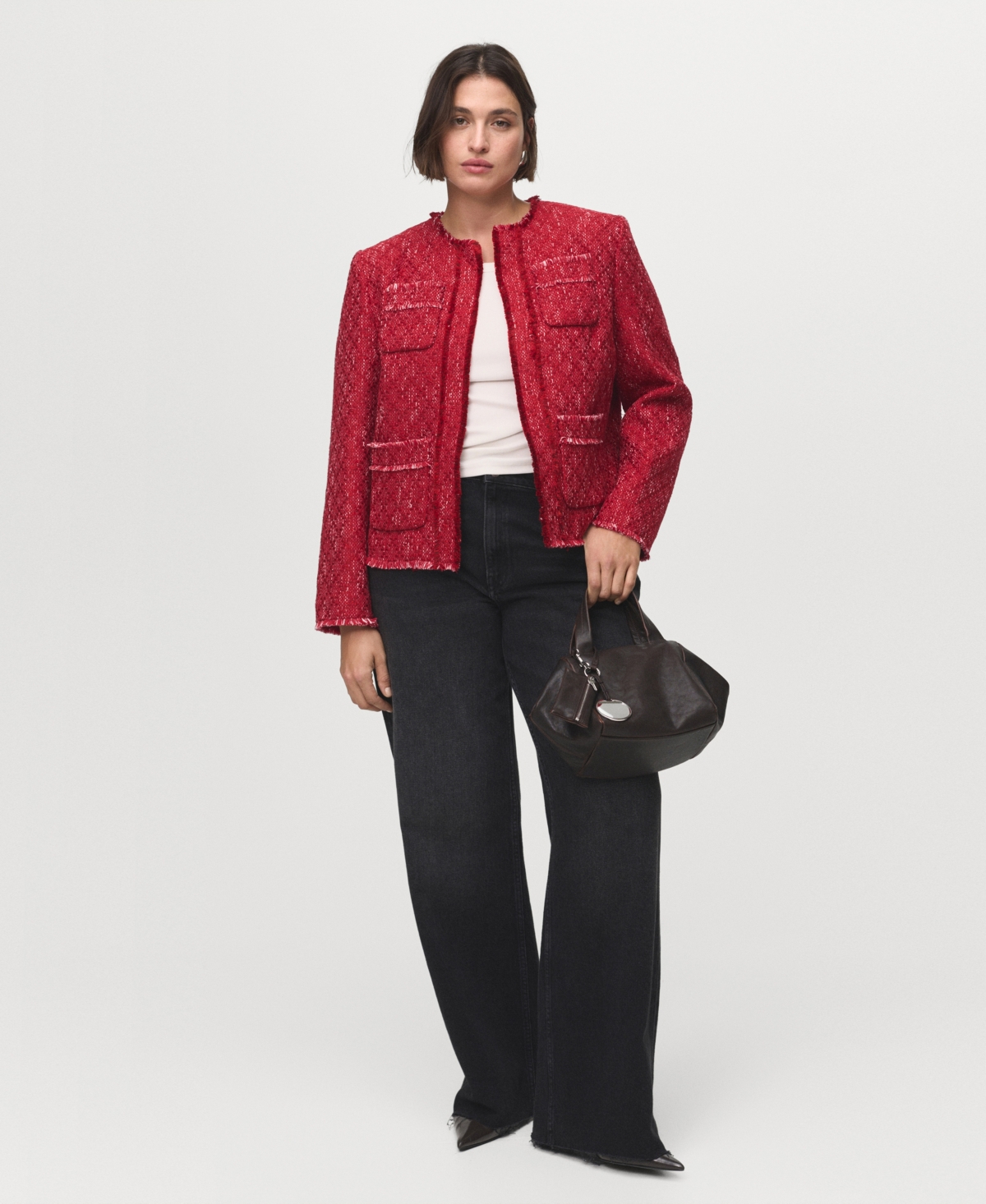 Mango Veste Tweed Bords Effilochés Rouge - Femme - 4xl -  In Multi