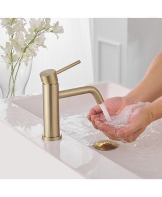 Single-Handle Single Hole Low-Arc Bathroom Faucet Bathroom with Drain Assembly Drip-Free Vanity Sink Faucet in Brushed Gold