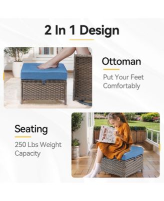 Slimline Brown Wicker 2-Piece Outdoor Ottoman Steel Frame Patio Footstools with Olefin Cushion