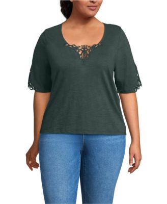 Plus Size Elbow Sleeve Slub Lace Trim T-Shirt