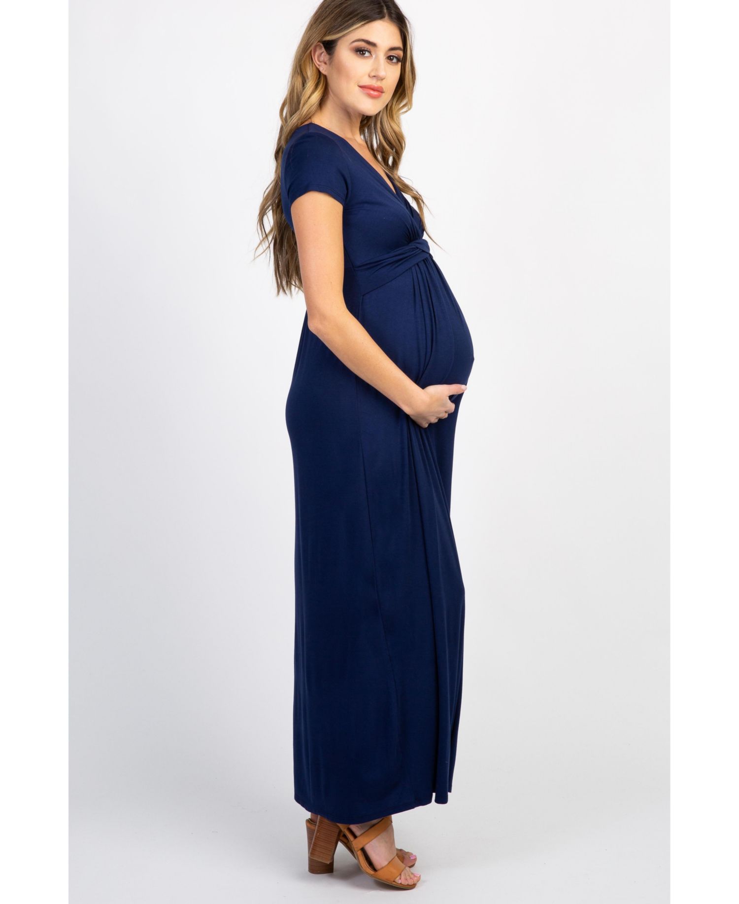 Women's Navy Draped Maternity/Nursing Maxi Dress