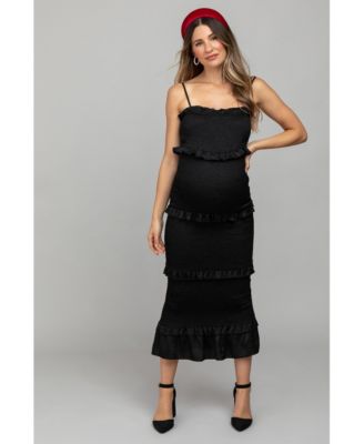 Olive Satin Smocked Fitted Maternity Maxi Dress