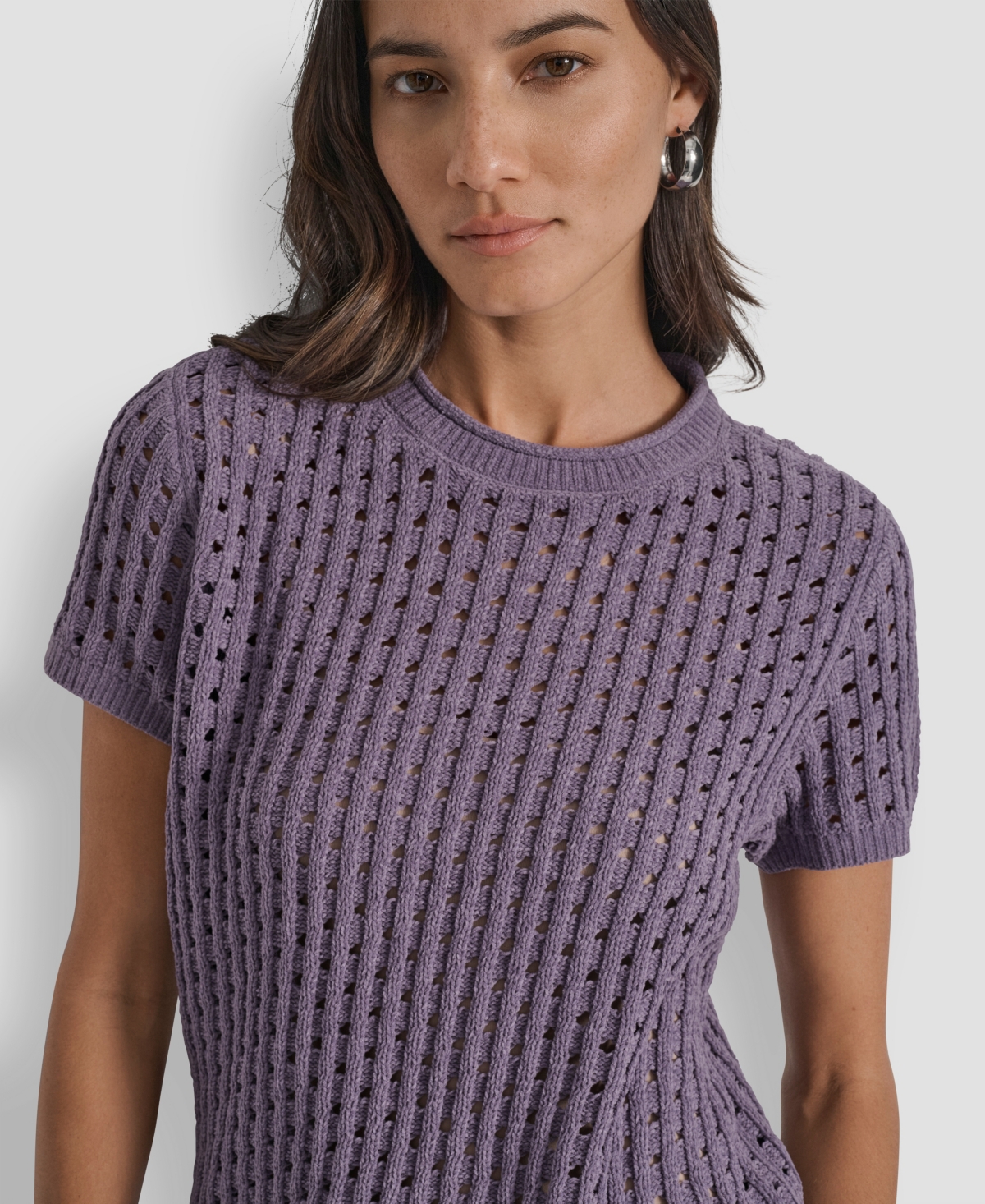 Dkny Jeans Women's Open Stitch Crewneck Short-sleeve Sweater In Purple