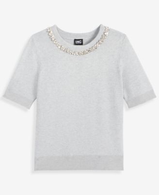 Women's Short-Sleeve Embellished-Neck Sweater, Macy's Exclusive