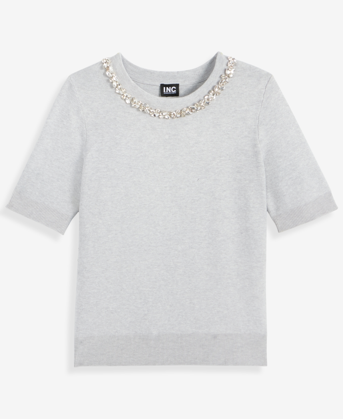 Inc International Concepts Women's Short-sleeve Embellished-neck Sweater, Macy's Exclusive In White
