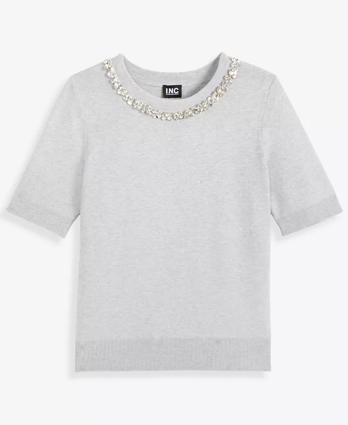 Women's Short-Sleeve Embellished-Neck Sweater - thumbnail 6