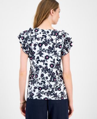 Women's Floral Ruffled Cap-Sleeve Top