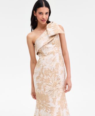 Women's Jacquard Bow-Trim One-Shoulder Gown