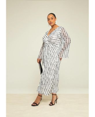 Women's Long Sleeve V-Neck Polka Dot Midi Dress