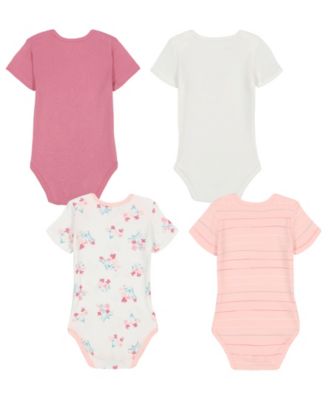 Baby Girls' Short Sleeve Ribbed Trim Floral Logo Bodysuit, 4-Pack Set