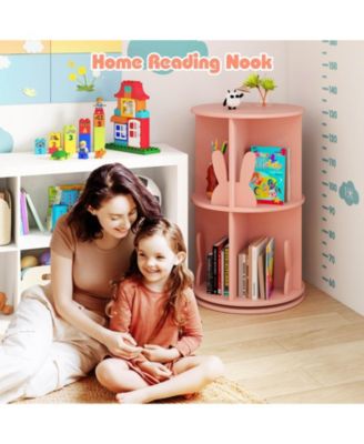 Kids Rotating Bookshelf 2 Tier Freestanding 360° Revolving Display Storage Rack Pink