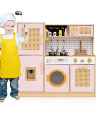 Wooden Kids Kitchen Playset Pretend Play Kitchen with Real Sounds Lights