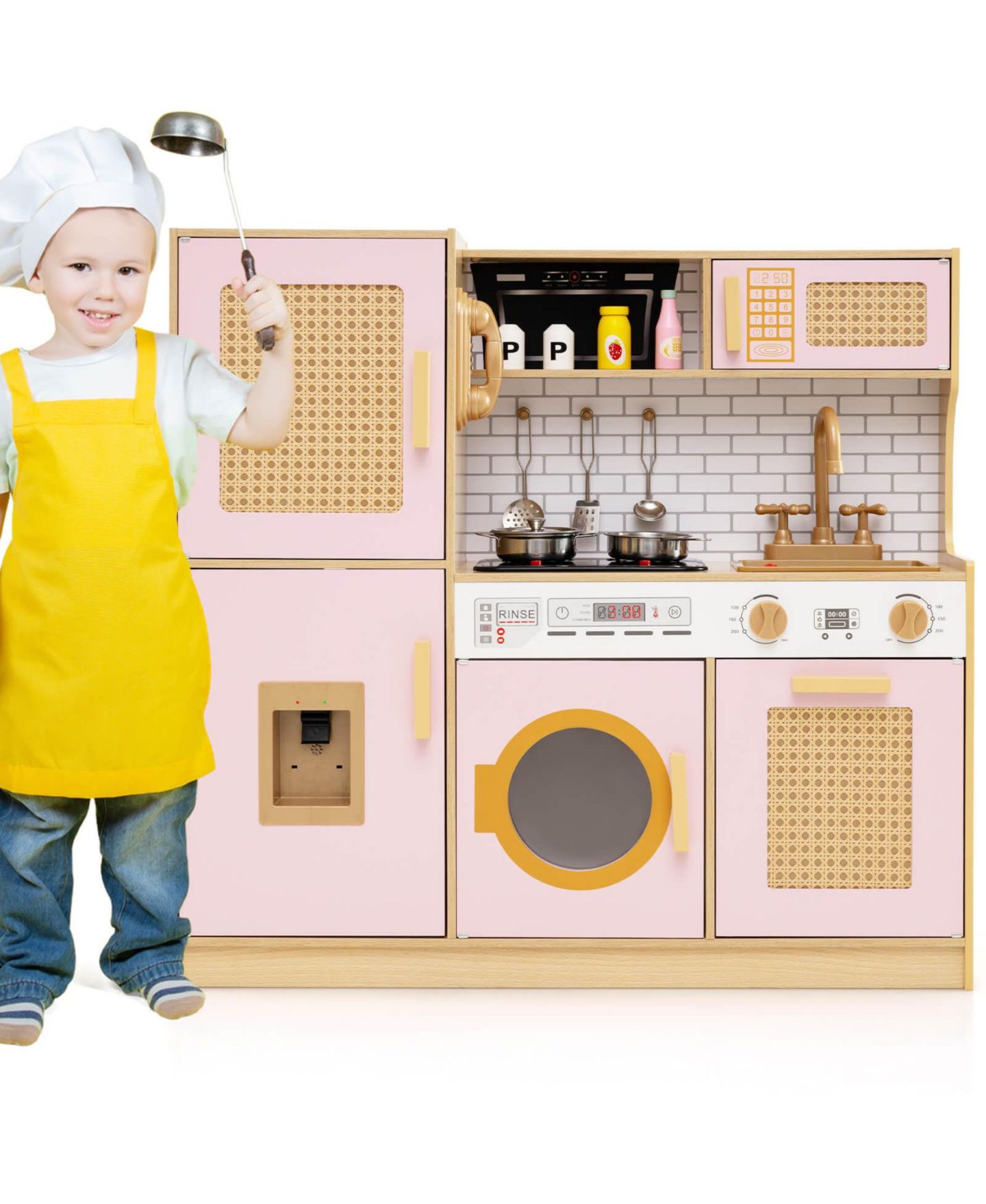 Детские игрушки Costway Interactive Lights and Sounds Wooden Kitchen Playset, 5-Piece Set, Ages 3+, цвет: Розовый — фото 8