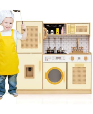 Wooden Kids Kitchen Playset Pretend Play Kitchen with Real Sounds Lights