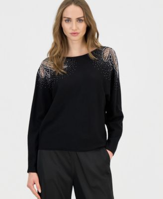 T Tahari - Women's Lace-Inset Dolman-Sleeve Sweater
