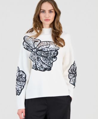T Tahari - Women's Sequin Soutache Funnel-Neck Sweater