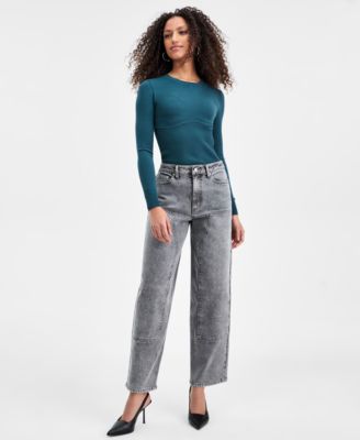 Bar III - Women's Rhinestone Embellished Barrel-Leg Jeans