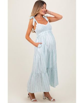 Maternity Floral Striped Smocked Shoulder Tie Maxi Dress