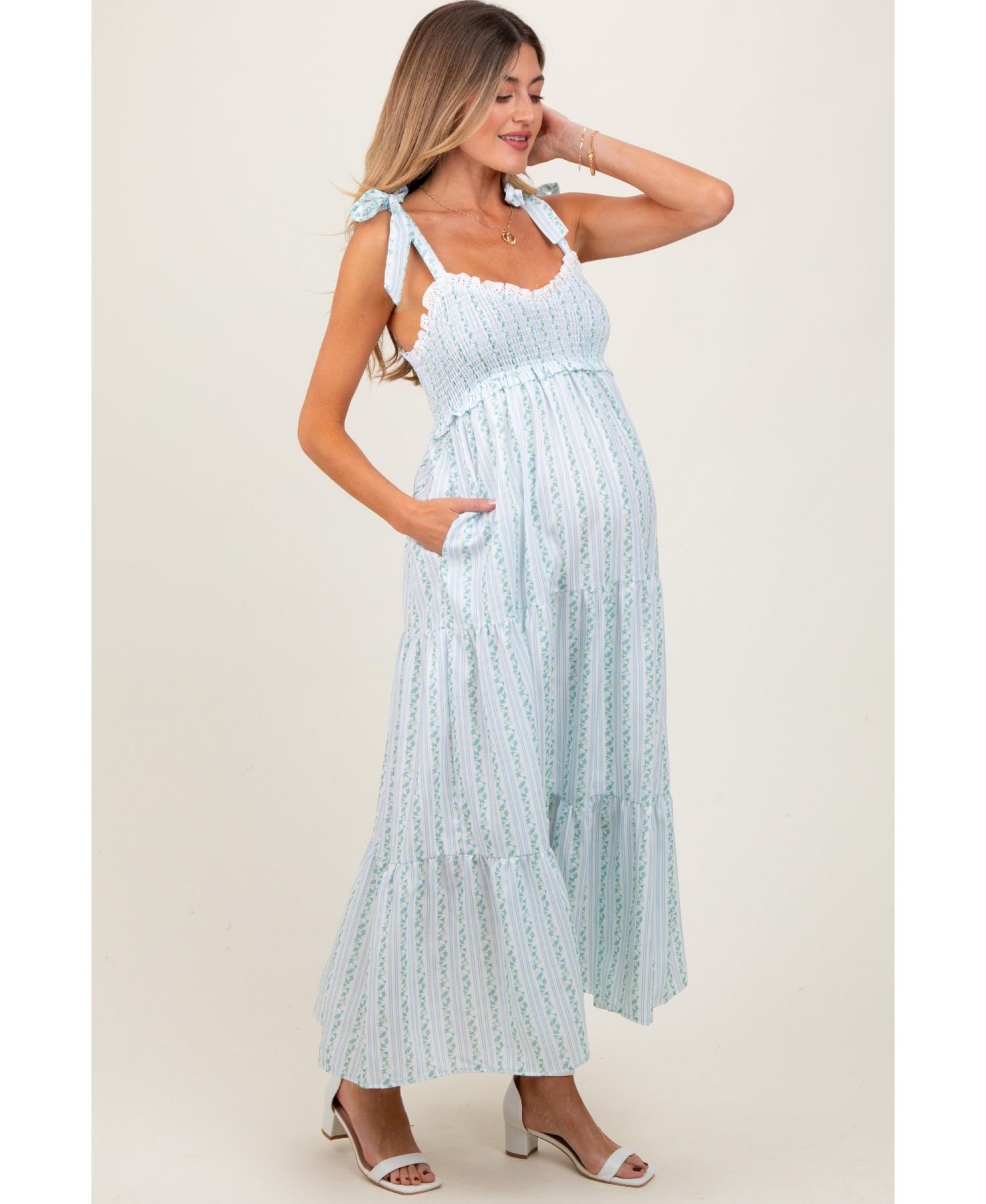 Women's Floral Striped Smocked Shoulder Tie Maxi Dress
