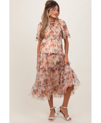 Peach Floral Mesh Smocked Midi Dress