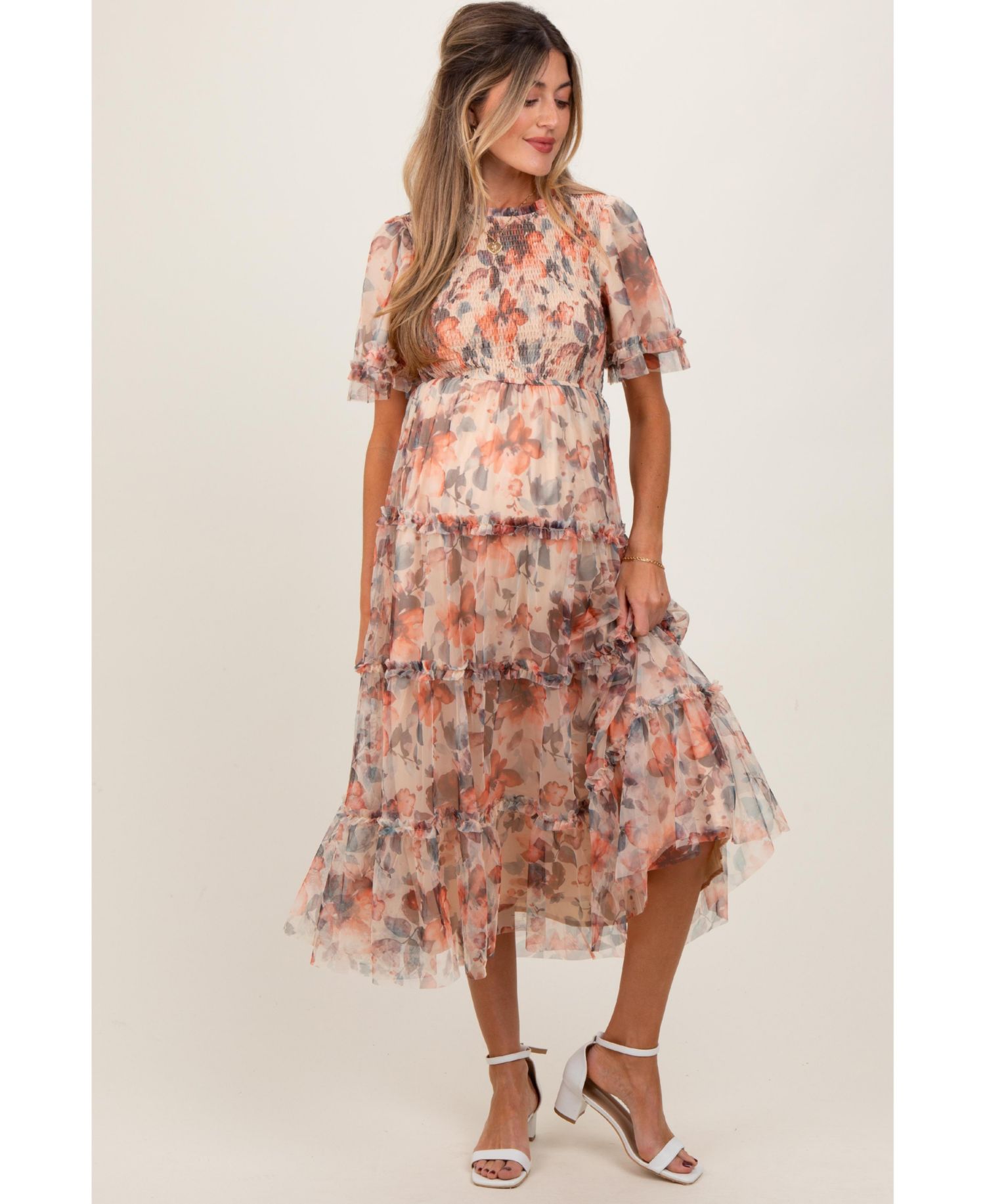Women's Peach Floral Mesh Smocked Midi Dress