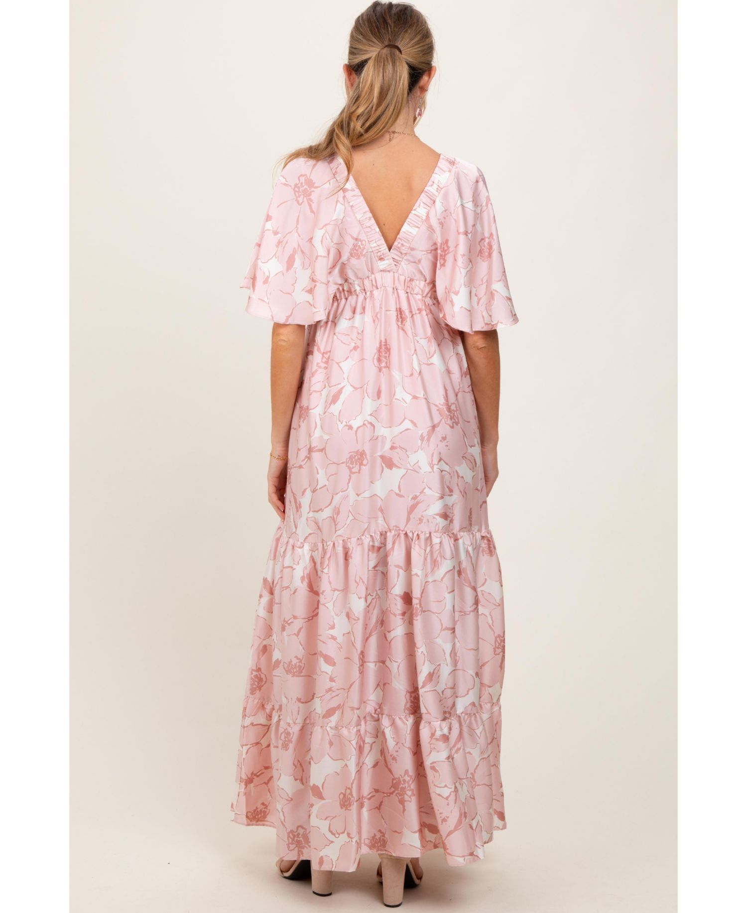 Maternity Floral Short Sleeve Deep V-Neck Tiered Maternity Maxi Dress