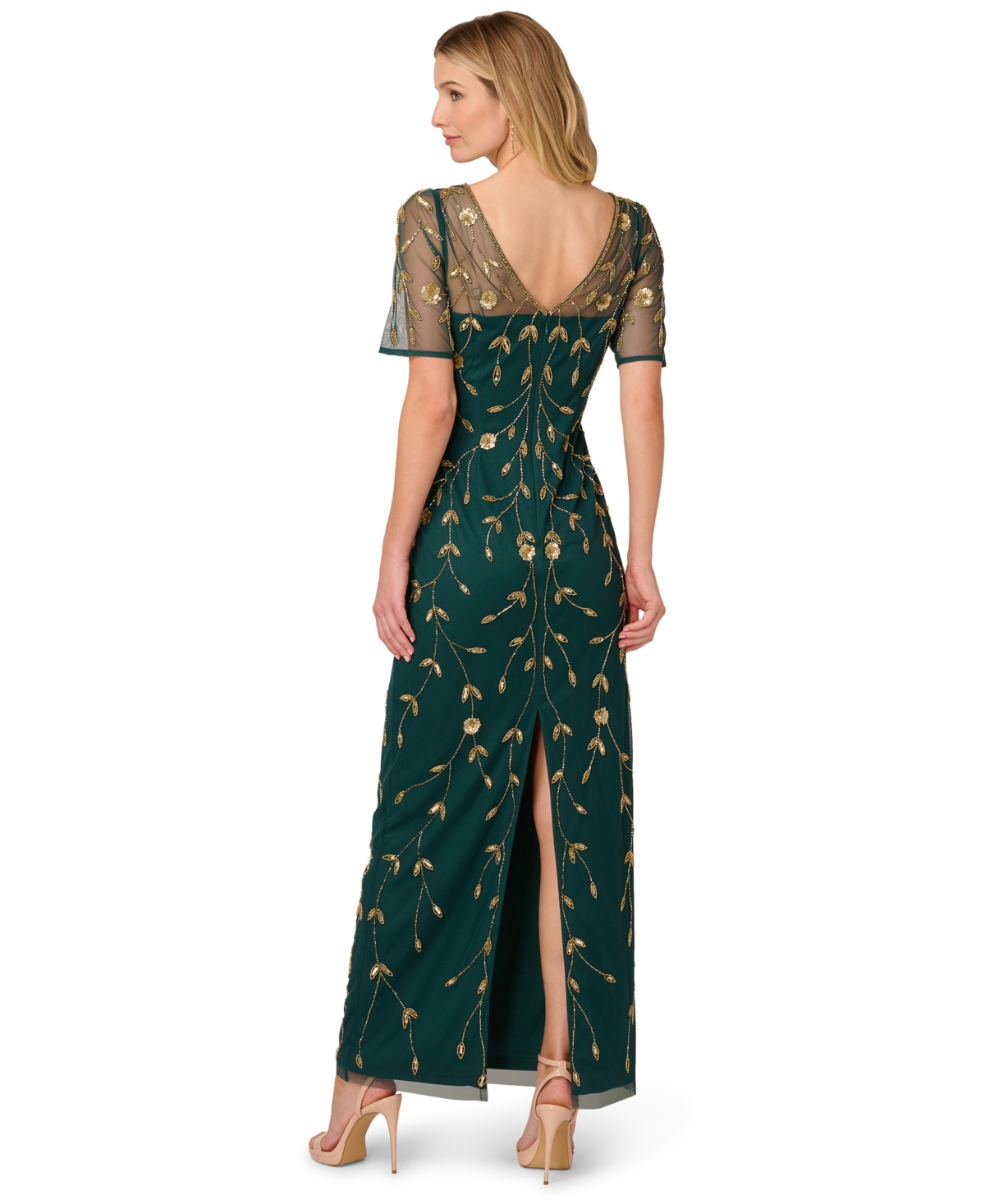 Adrianna Papell Women's Printed Bead Mesh Long Dress In Green