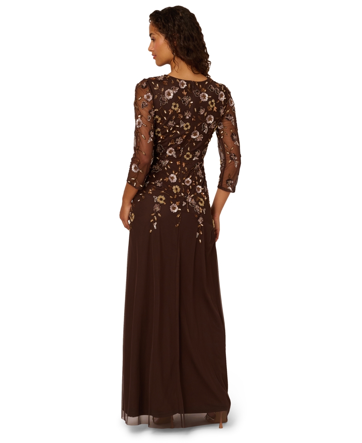 Adrianna Papell Beaded Mesh Gown In Burgundy