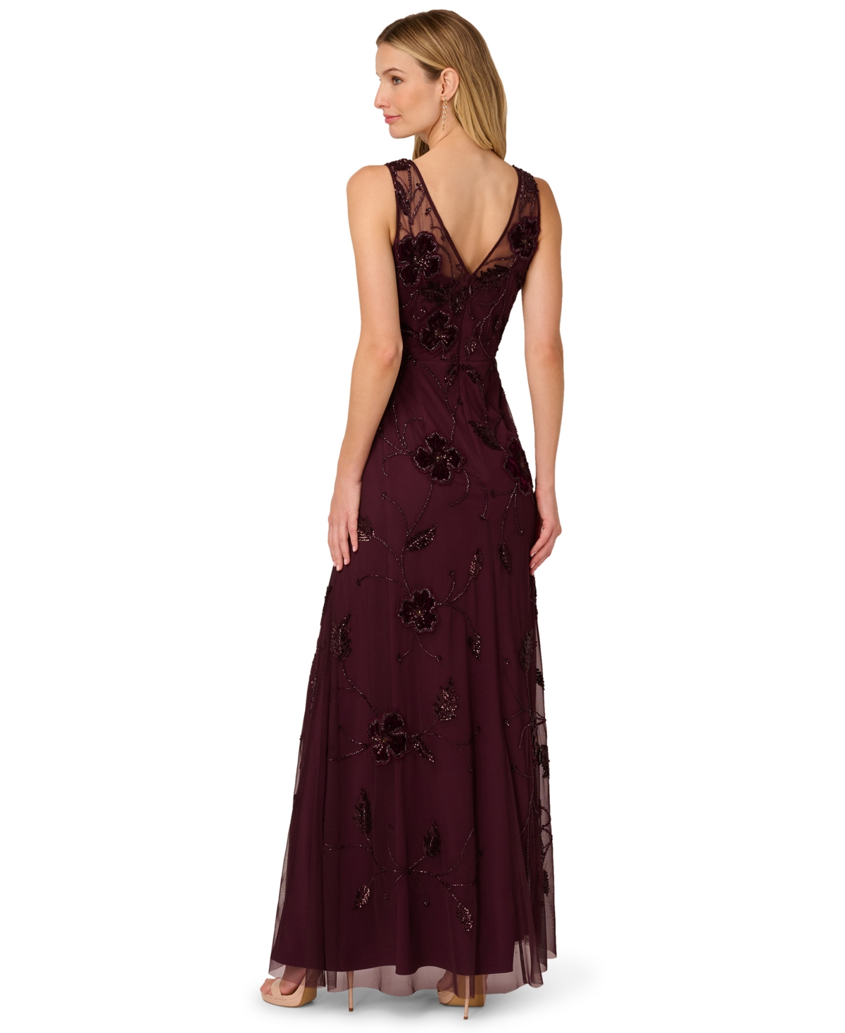 Adrianna Papell Beaded Floral Velvet Gown In Burgundy