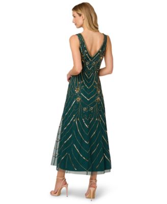 Women's Beaded V-Neck Sleeveless Mesh Dress