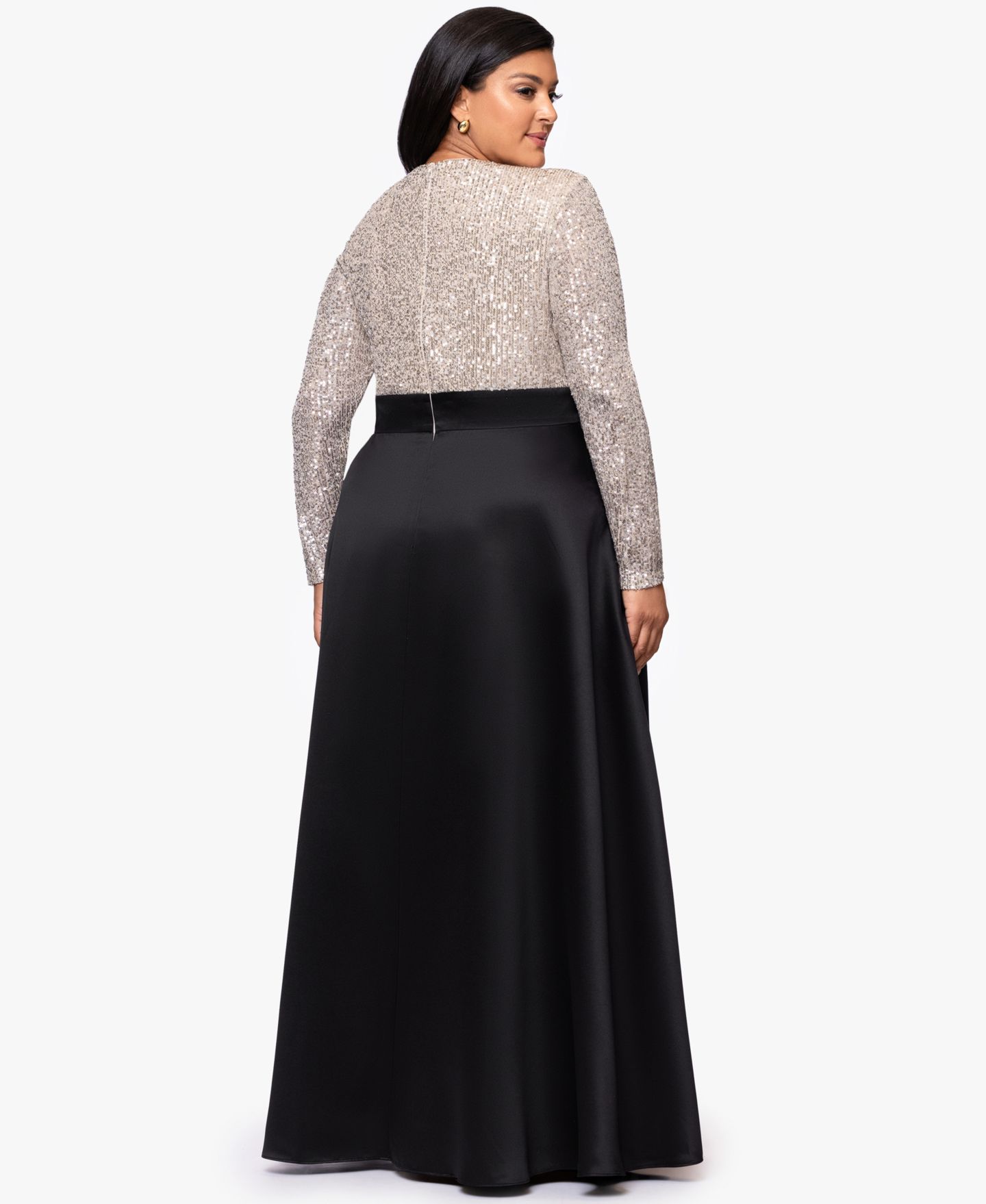 Женское платье XSCAPE Plus Size Long Sleeve Sequin Ballgown Skirt, цвет: Чёрный телесный серебряный — фото 5