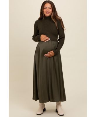 Maternity Olive Knit Contrast Top Satin Midi Dress