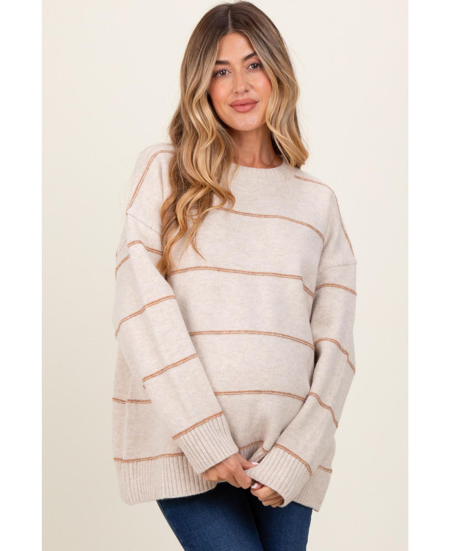 Женский свитер Pinkblush Olive Striped Drop Shoulder, цвет: Бежевый — фото 2