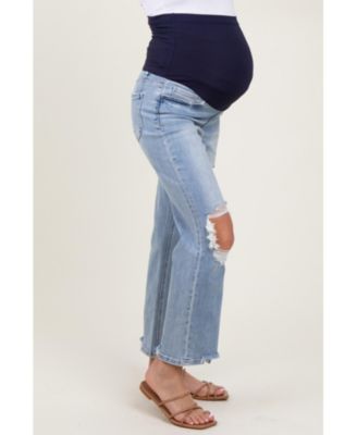 Light Blue Distressed Cutout Maternity Straight Leg Ankle Jeans