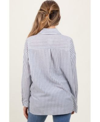 Maternity Navy Striped Double Pocket Button Down Top