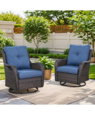 ArcLine Brown Wicker Swivel Glider Outdoor Rocking Chair with CushionGuard Blue Cushion (2-Pack)