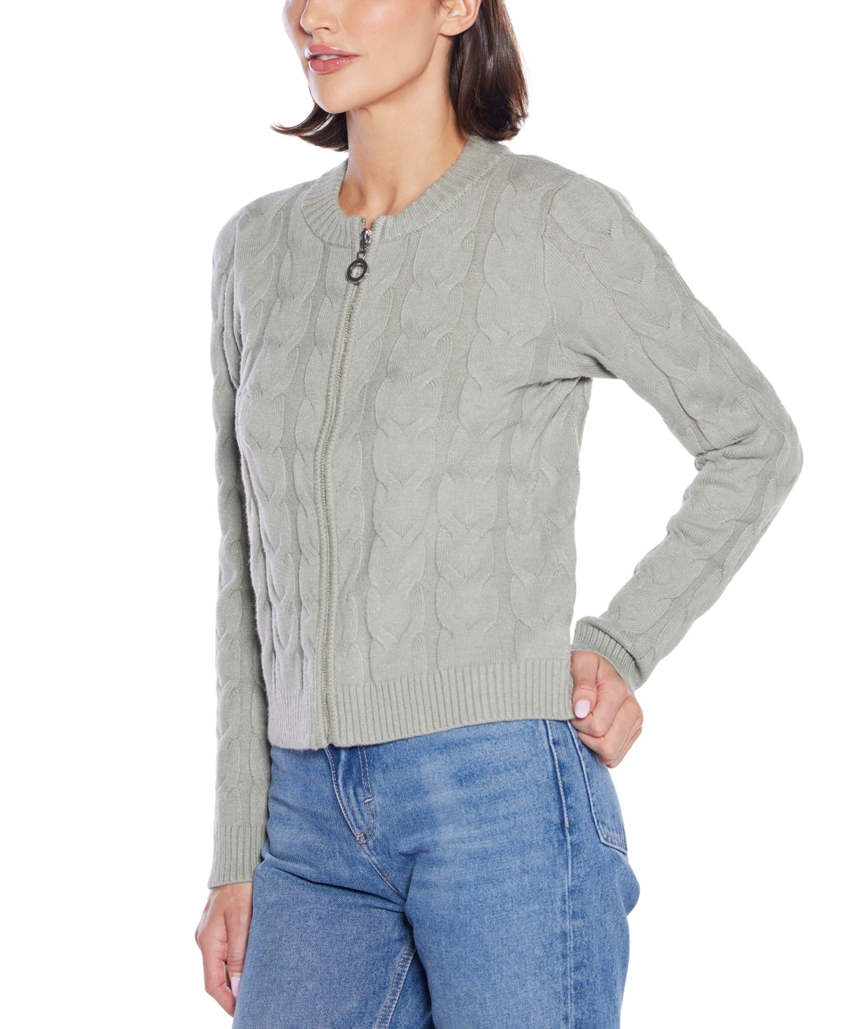Belldini Plus Size Black Label Zip Cable Sweater In Gray