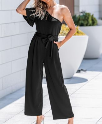 Women's One-Shoulder Belted Wide-Leg Jumpsuit