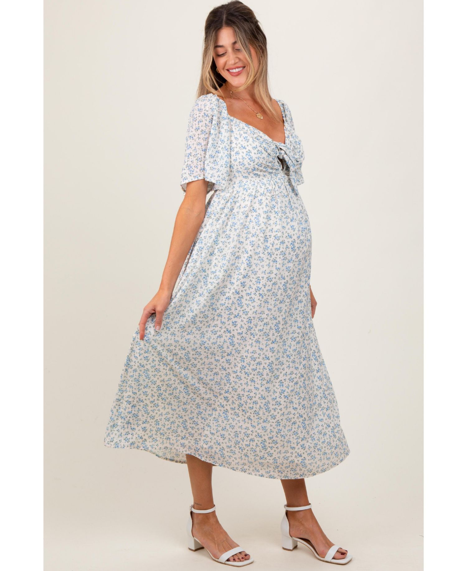 Women's Blue Floral Front Tie Midi Dress