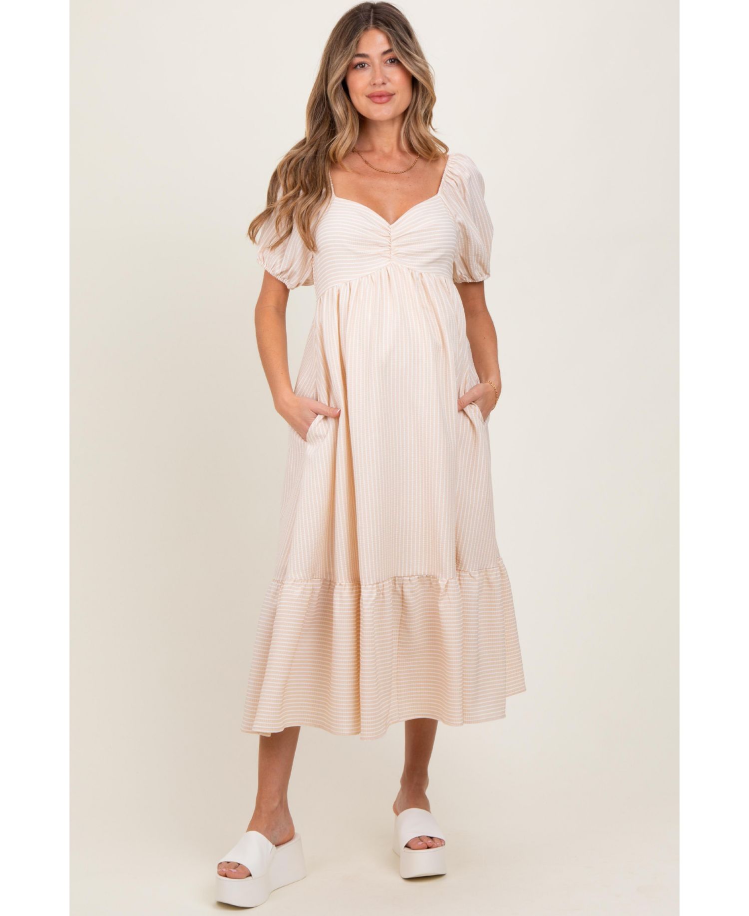 Women's Beige Sweetheart Stripe Smocked Back Midi Dress