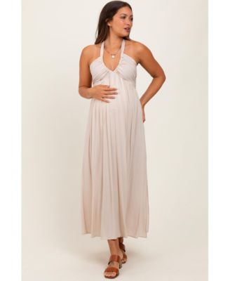 Cream Halter Neck Side Slit Maternity Midi Dress