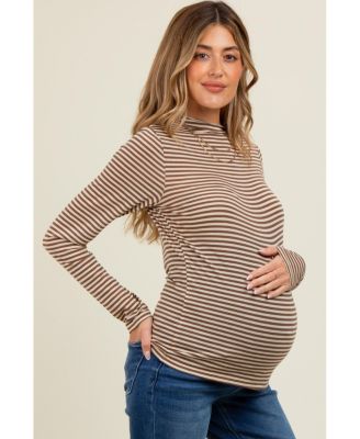 Mocha Striped High Neck Maternity Long Sleeve Top